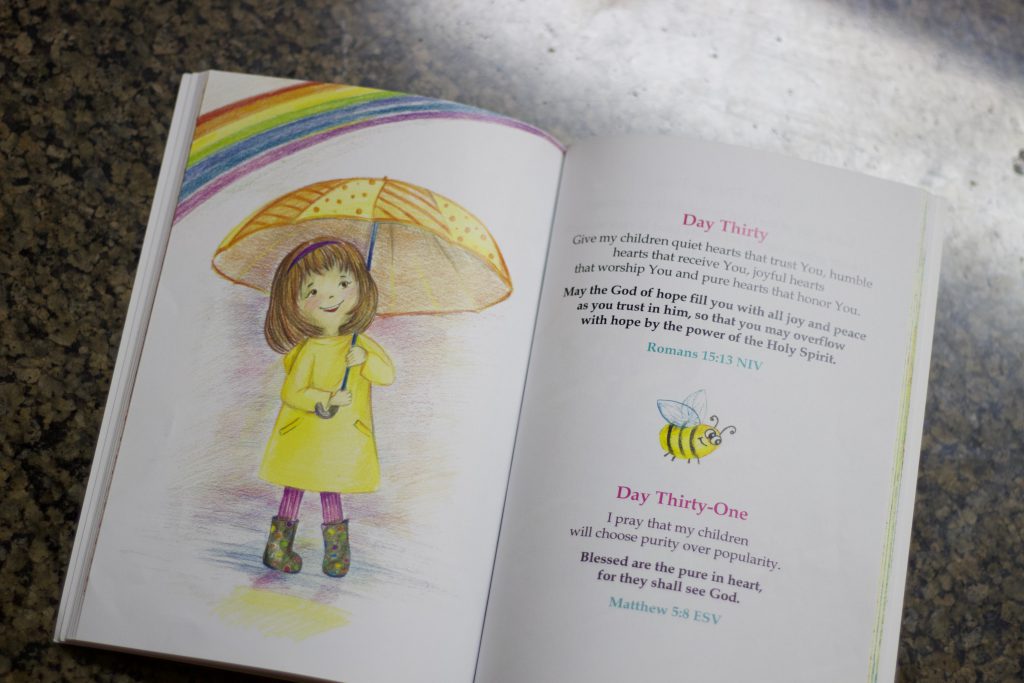 Cover Me is a sweet, beautifully illustrated book that uses scriptures and simple prayers to help the busy mom pray for her children.